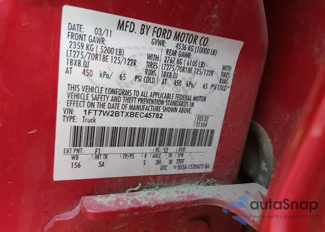 2011 Ford F-250 Lariat from USA, damaged, VIN 1FT7W2BTXBEC45782